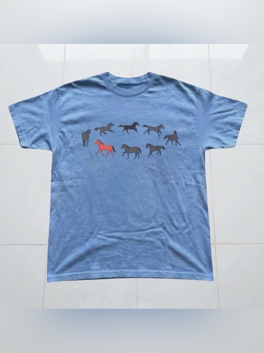 Vintage Light Blue Tee with Red and Gray Horse Row